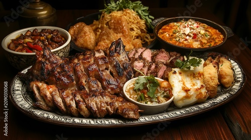 Grilled meat platter featuring sliced ribs steak and assorted side dishes served on a decorative dark ceramic serving tray table