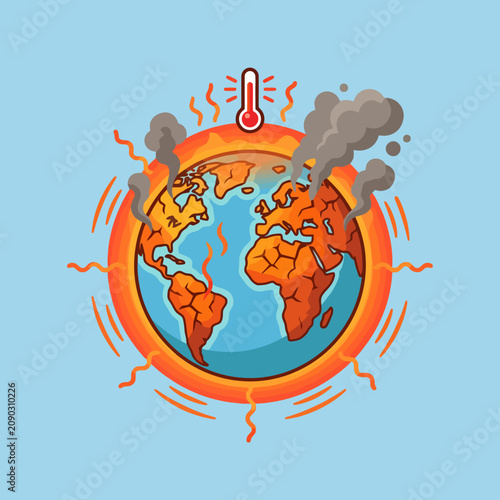 A cartoon illustration of a hot planet earth with smoke