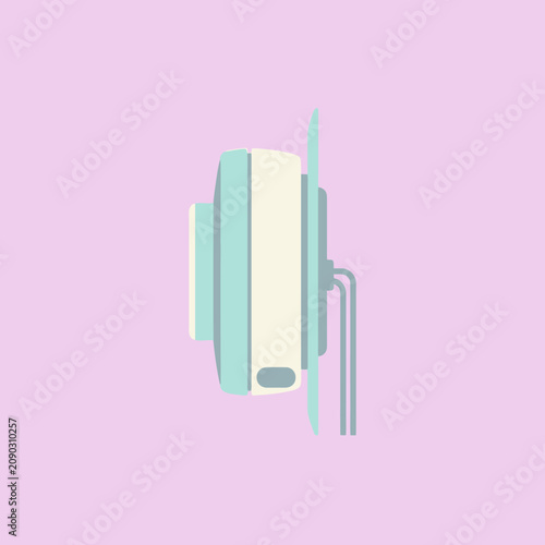 A minimalist illustration of a retro instant camera on a pastel background