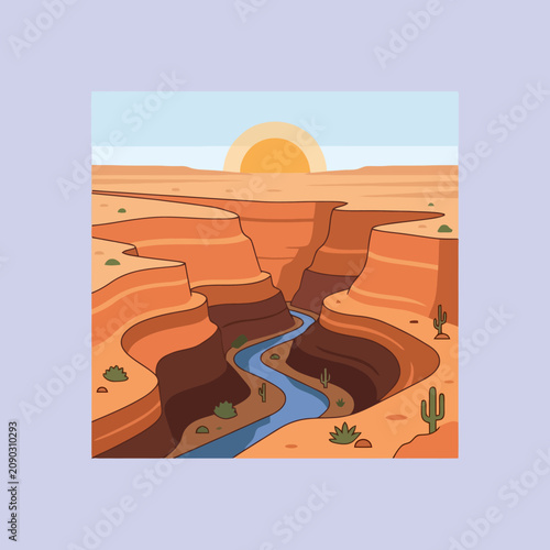 A stylized desert canyon landscape at sunset