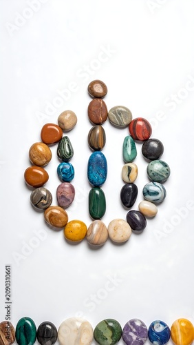 A colorful arrangement of smooth multicolored stones forming a peace sign