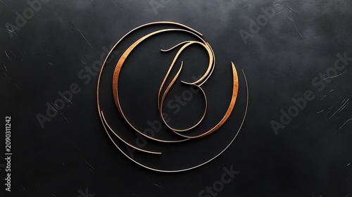 Letter B logo design featuring elegant golden metallic typography with circular lines isolated on a dark textured black background surface