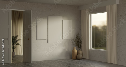 Cuadro en lienzo Rustic textured room with open double doors and triple frame mockups