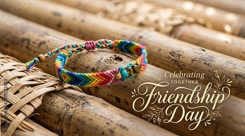 Colorful friendship bracelet on a wooden surface with a friendship day message