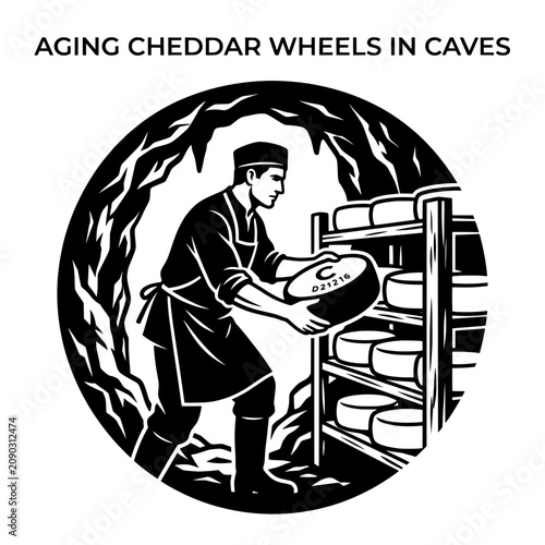 Artisan Cheesemaker Carefully Inspecting and Handling Aged Cheddar Cheese Wheels.