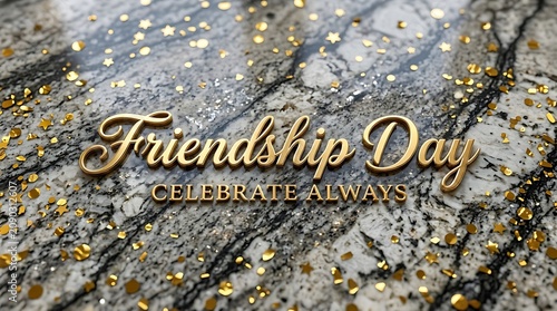 Friendship day celebration with gold text on marble background, friendship