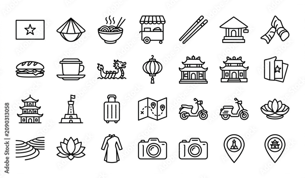 Fototapeta premium Vietnam Travel Heritage Outline Icon Set with Landmarks Food Culture and Tourism Vector Illustration