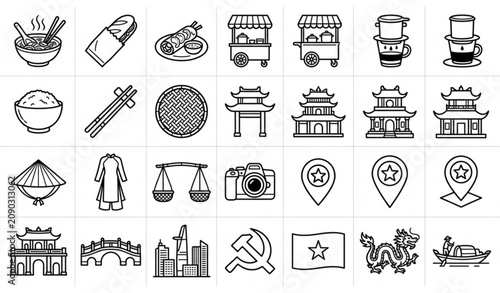 Tableau sur toile Vietnamese Food and Lifestyle Line Icon Set with Pho Banh Mi Travel and Cultural