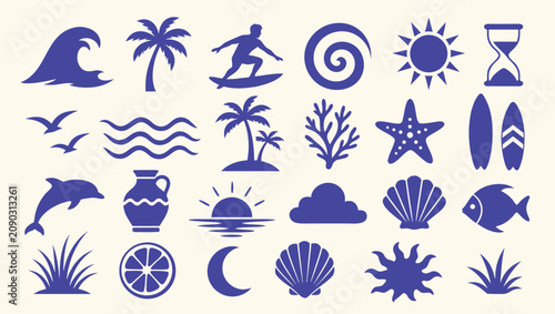 Collection of blue ocean and beach icons representing summer vacation activities and elements