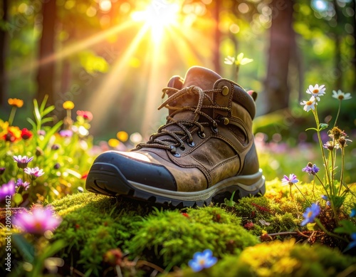 A brown hiking boot rests on mossy ground surrounded by colorful wildflowers and sunbeams.
