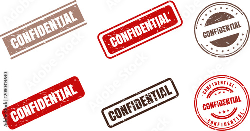 Collection of six confidential rubber stamp marks in red and brown with distressed rustic appearance