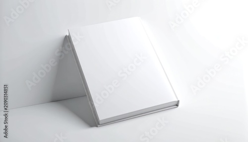 A clean white book is leaning against a white wall, casting a subtle shadow.