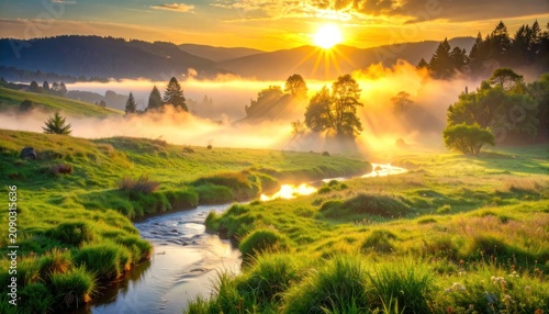 Golden sunrise streams through mist over rolling green hills and a winding river.