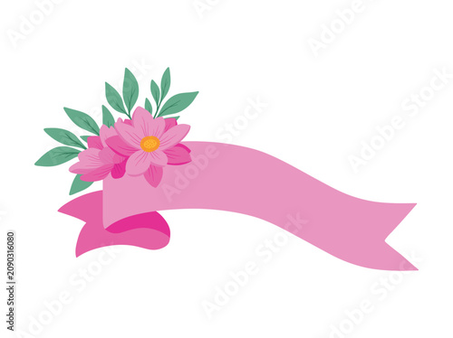 Hand Drawn Pink Ribbon with Flower Illustration
