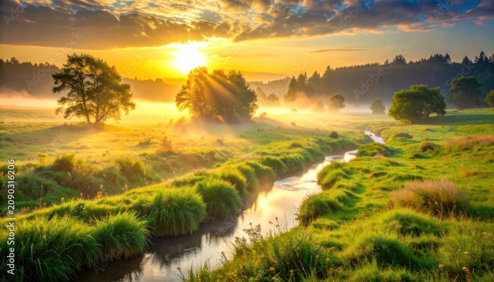 Obraz premium A serene landscape unfolds with a gentle stream winding through lush green fields under a golden sunrise, casting ethereal mist and light.