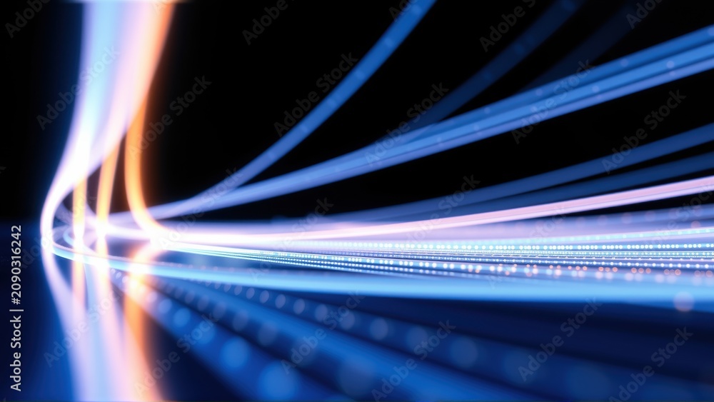 Fototapeta premium Abstract light streaks form dynamic curves, radiating energy. Blue, orange hues dominate dark background. Modern digital illustration.