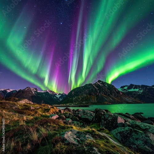 Aurora borealis dances in vibrant green and purple hues over a rugged, rocky coastline and snow-capped mountains under a star-filled night sky.