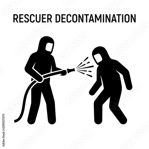 Emergency Responder Decontaminating Person with Water Spray Protective Suit.