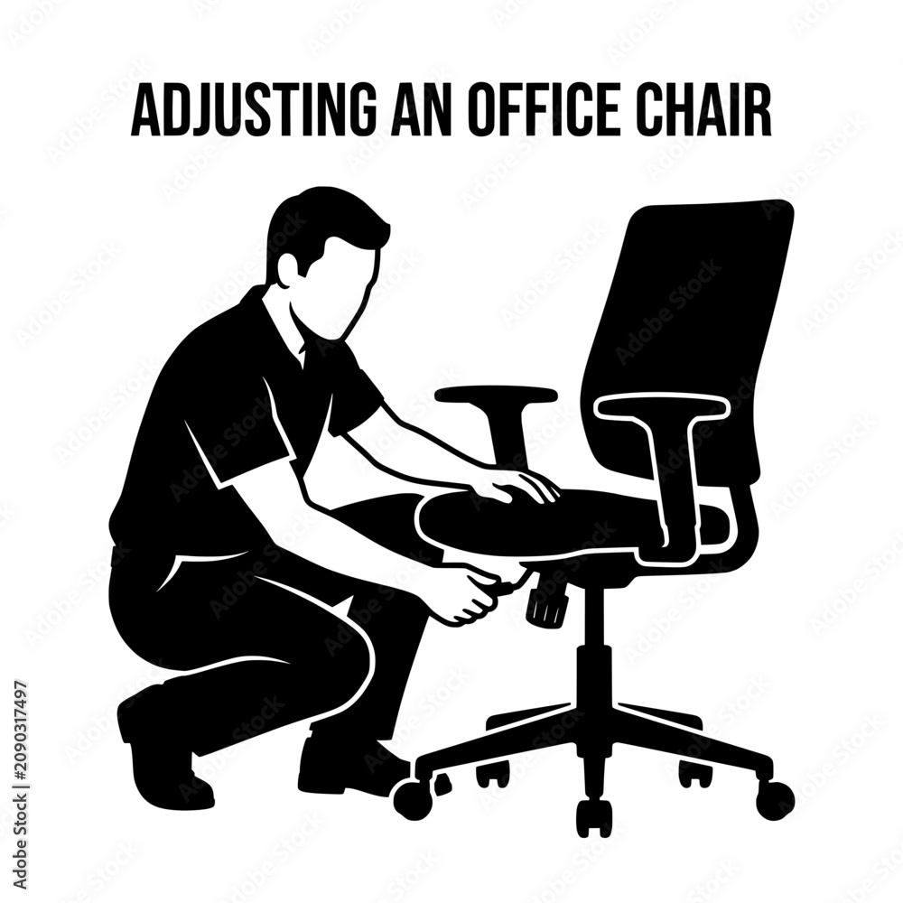 Fototapeta premium Man adjusting the height of a black office chair in an office setting.