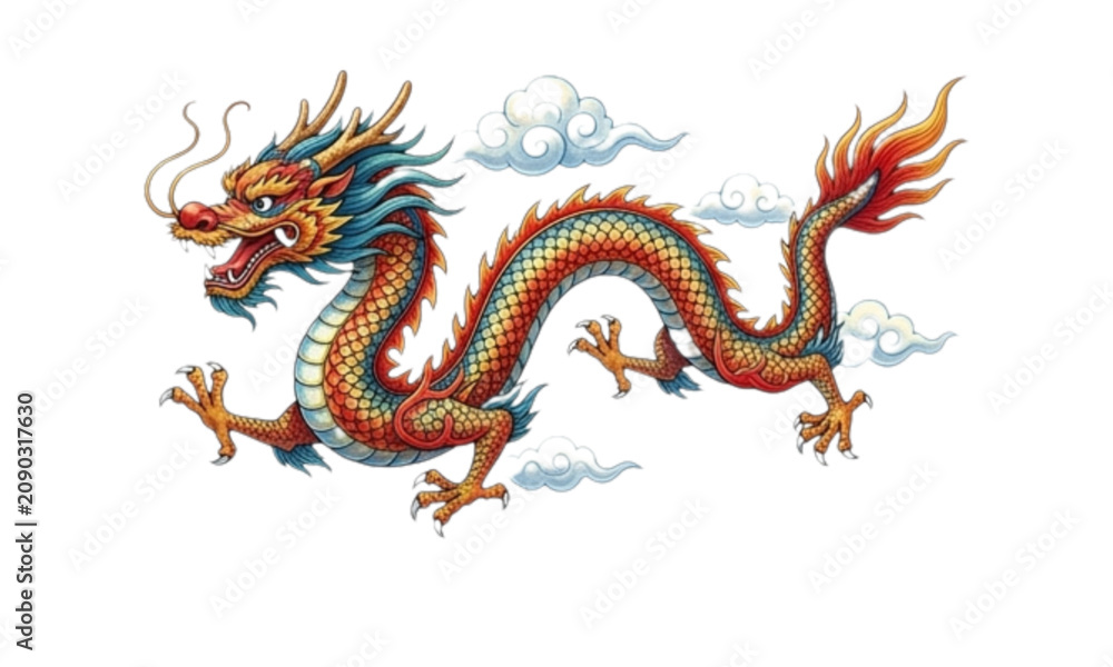 Fototapeta premium Majestic Chinese Dragon Flying with Clouds Vector Clipart