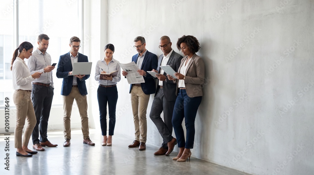 Fototapeta premium A diverse group of modern business professionals standing casually against a minimalist office wall during a work break, each engaged with different work tools including a smartphone, laptop, notebook
