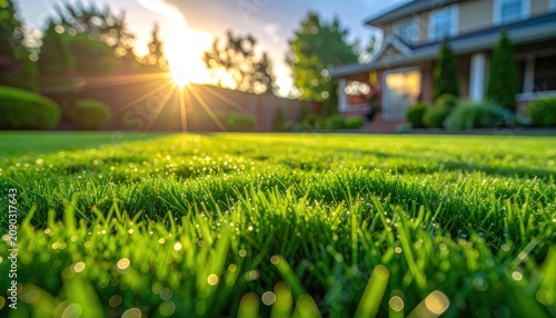 Sunlight streams across a dewy green lawn in front of a suburban home.