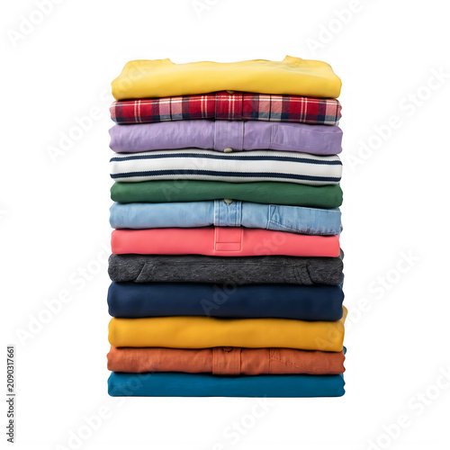 A neat stack of colorful folded shirts and casual clothes arranged in a vertical pile isolated on transparent background