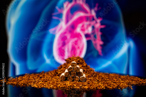 Foto Close up of cigarettes with loose tobacco and human heart illustration background