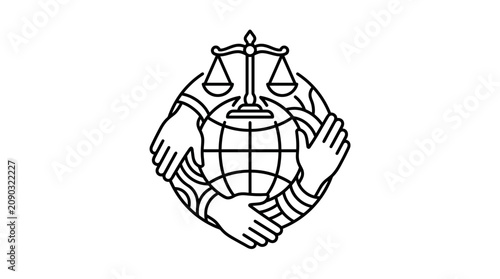 Global Justice Symbol: Scales of Justice, Hands, and Globe Emblem