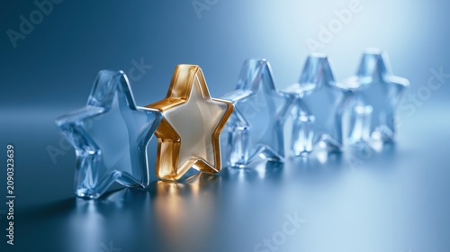 A glass star rating row shows five stars with one highlighted gold against a blue gradient background for review feedback