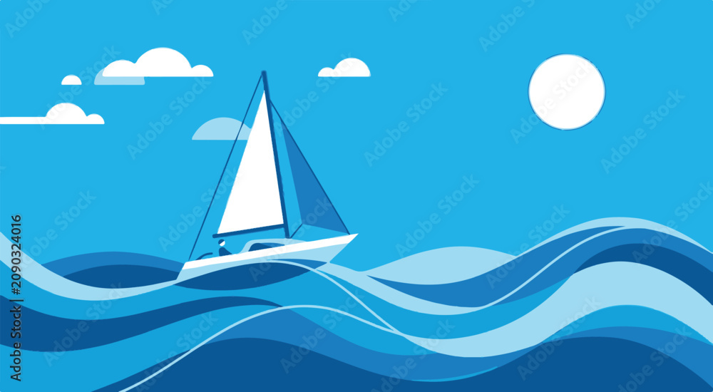 Naklejka premium Sailing Boat Rides Calm Waves Under Sunny Sky