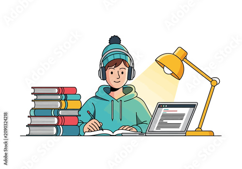 Foto Young student studying with books and laptop under desk lamp.