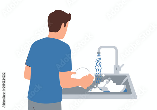 Tableau sur toile Man washing dishes in the kitchen sink performing household chores