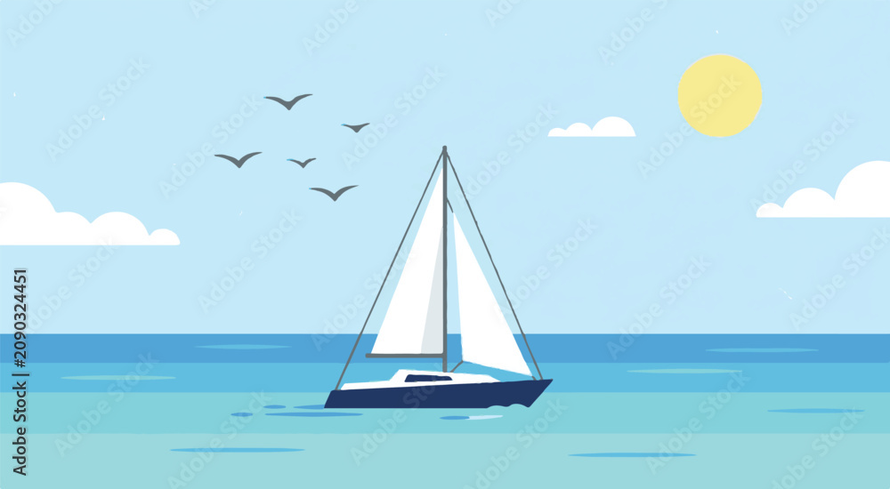 Naklejka premium Sailing boat on calm ocean waters under sunny sky with birds