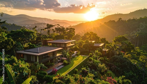 Modern villas nestled in a lush green jungle at sunset.