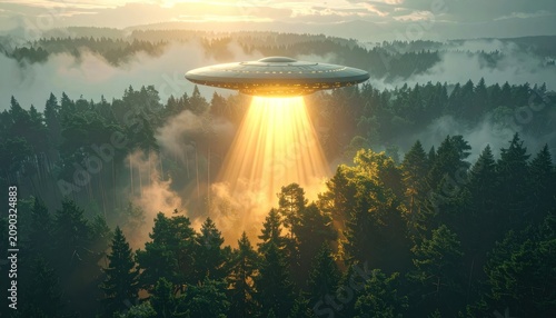 A sleek, metallic UFO hovers over a misty, dense forest, illuminating the trees with a powerful golden beam of light as the sun sets.