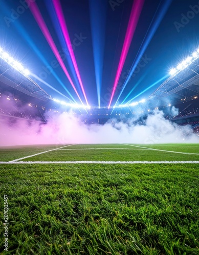 Dramatic stadium lights illuminate a lush green football pitch with smoke effects.