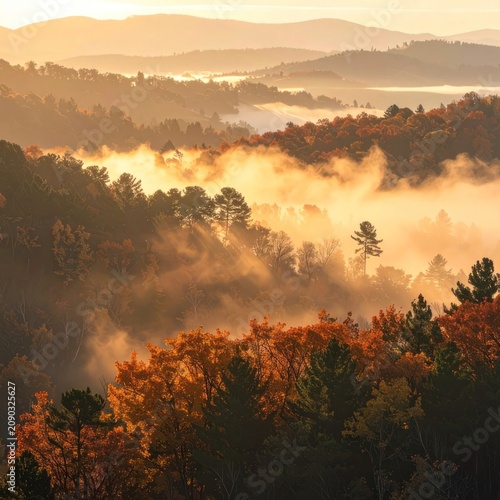 Golden light streams through autumn fog in a rolling mountain landscape.
