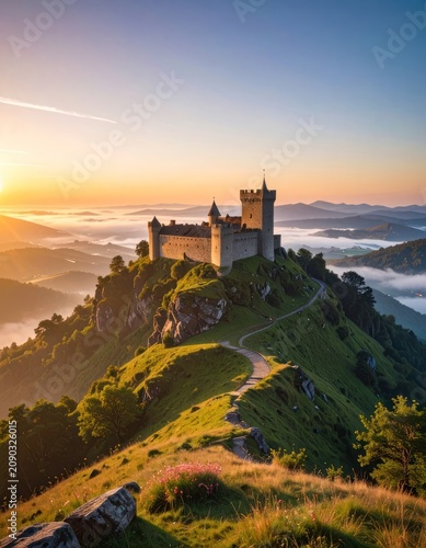A majestic medieval castle stands atop a lush green mountain, bathed in the warm glow of a sunrise.