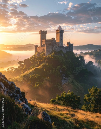A majestic stone castle stands atop a misty hill bathed in the golden light of sunrise.