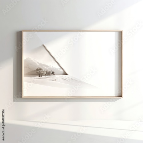 A framed artwork displays a minimalist winter landscape with abstract geometric elements.