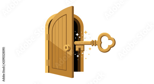 Flat vector illustration of a golden wooden arched door slightly open to a dark interior with glowing stars, featuring a large ornate gold key in the keyhole on a white background.