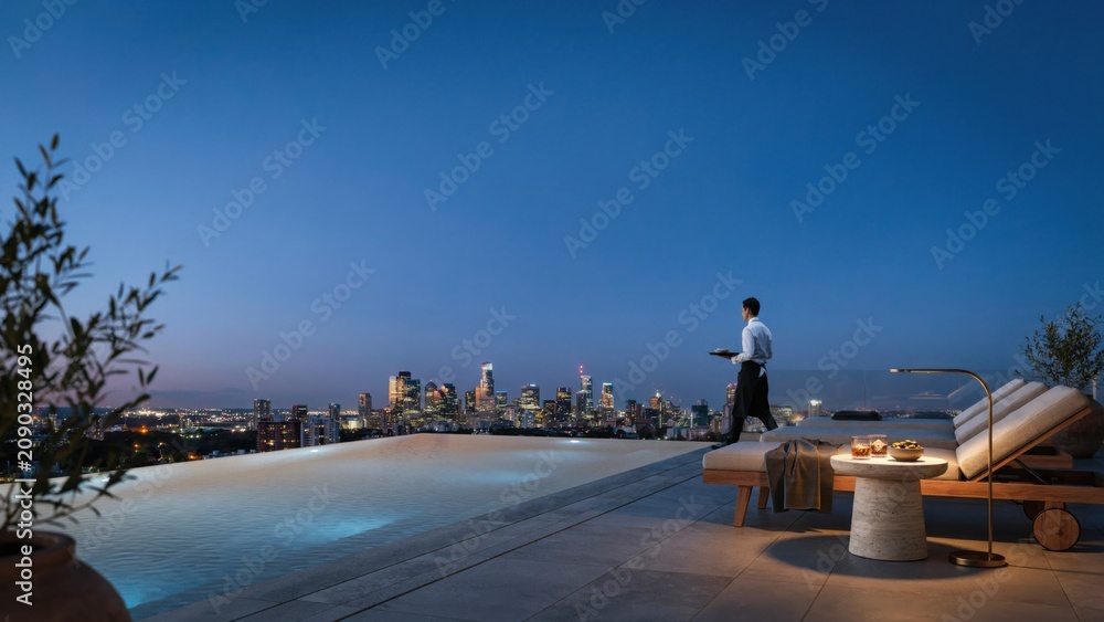 Fototapeta premium Rooftop infinity pool with city skyline view at dusk and waiter serving