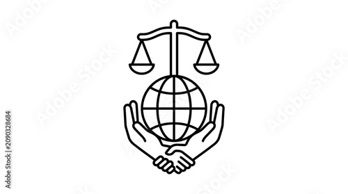 Global Justice Symbol: Scales of Justice above Earth held by shaking hands