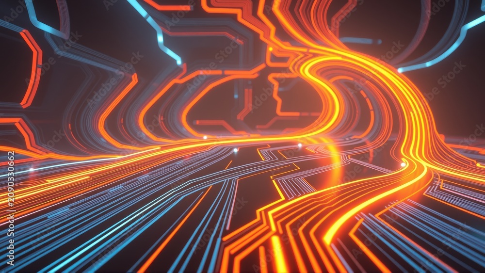 Fototapeta premium Abstract digital tunnel. Bright orange, blue lines create futuristic pathways. Dark background emphasizes glowing energy flow. Complex network design.