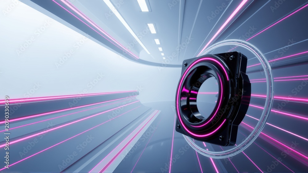 Fototapeta premium Futuristic tunnel, glowing pink lines converge toward central metallic bearing. Dramatic lighting creates speed impression. Minimalist design.
