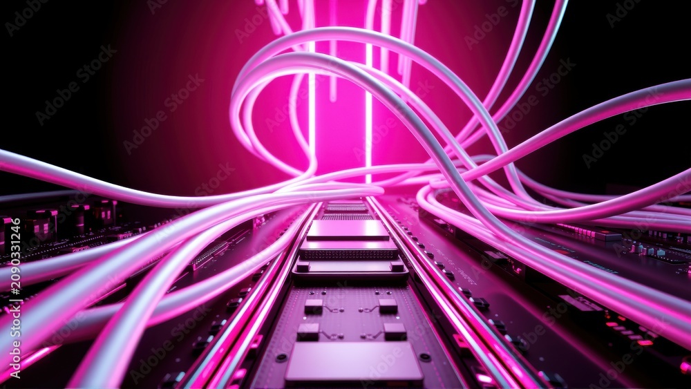 Fototapeta premium Futuristic tunnel, glowing pink lines, dark background. Complex circuitry, digital aesthetic, vibrant energy flows within structure.