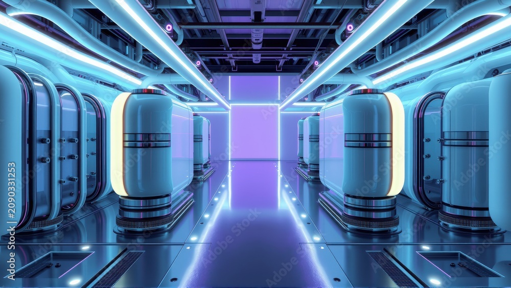 Fototapeta premium Futuristic corridor. Bright neon lights illuminate metallic walls, cylinders, sleek design. Dark background emphasizes glowing interior.