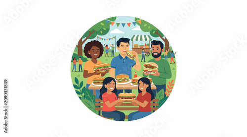 Diverse Group Enjoying Picnic Outdoors with Food and Celebration