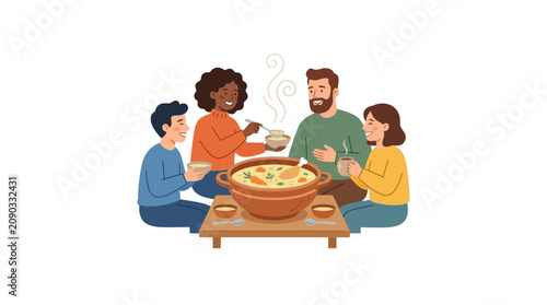 Diverse Group Enjoying Hotpot Meal Together at Table